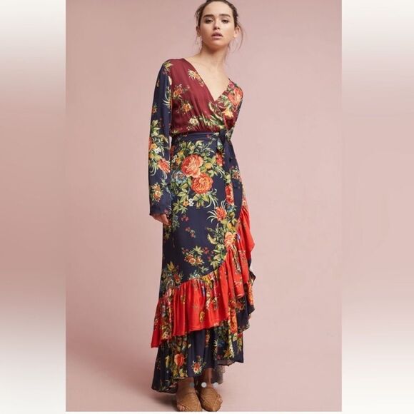 Anthropologie Farm Rio Audrey Wrap Maxi Dress Floral Long Sleeve Size SP - Picture 1 of 13